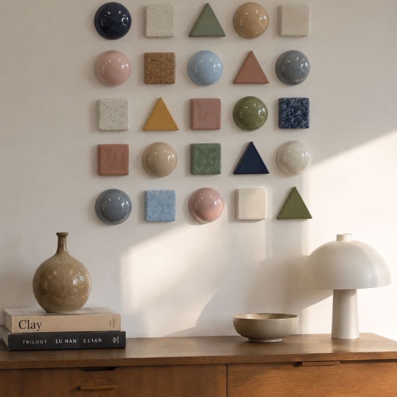 Ceramic wall installation above a wooden dresser by Lagomá