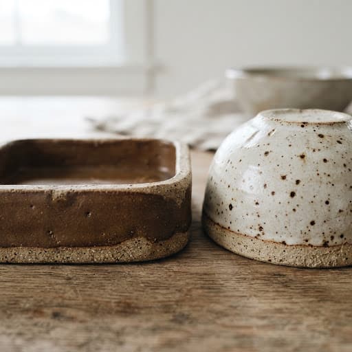 Close-up of matte brown and speckled cream ceramics by Lagomá