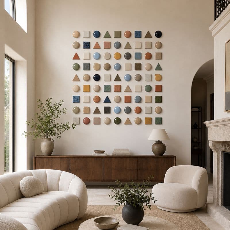 Ceramic wall installation in a modern living room by Lagomá