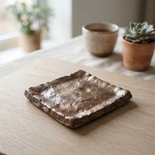 Handcrafted ceramic square with metallic bronze glaze by Lagomá