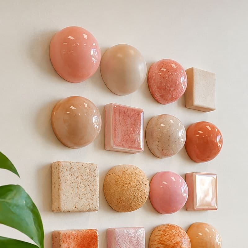 Pink and coral ceramic wall installation with monstera plant by Lagomá